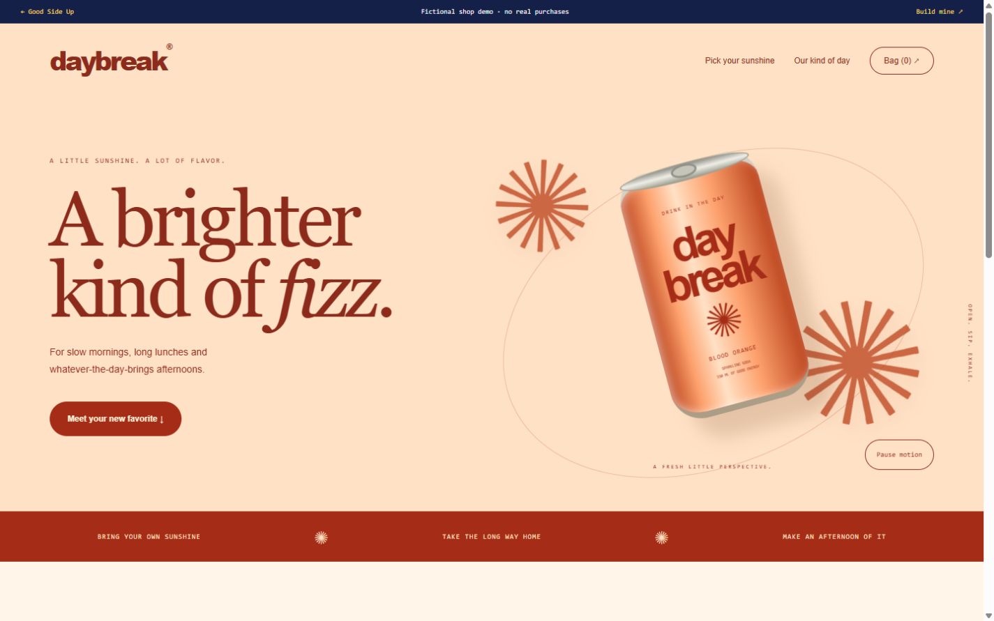Daybreak soda shop concept with flavor choices and a demo cart