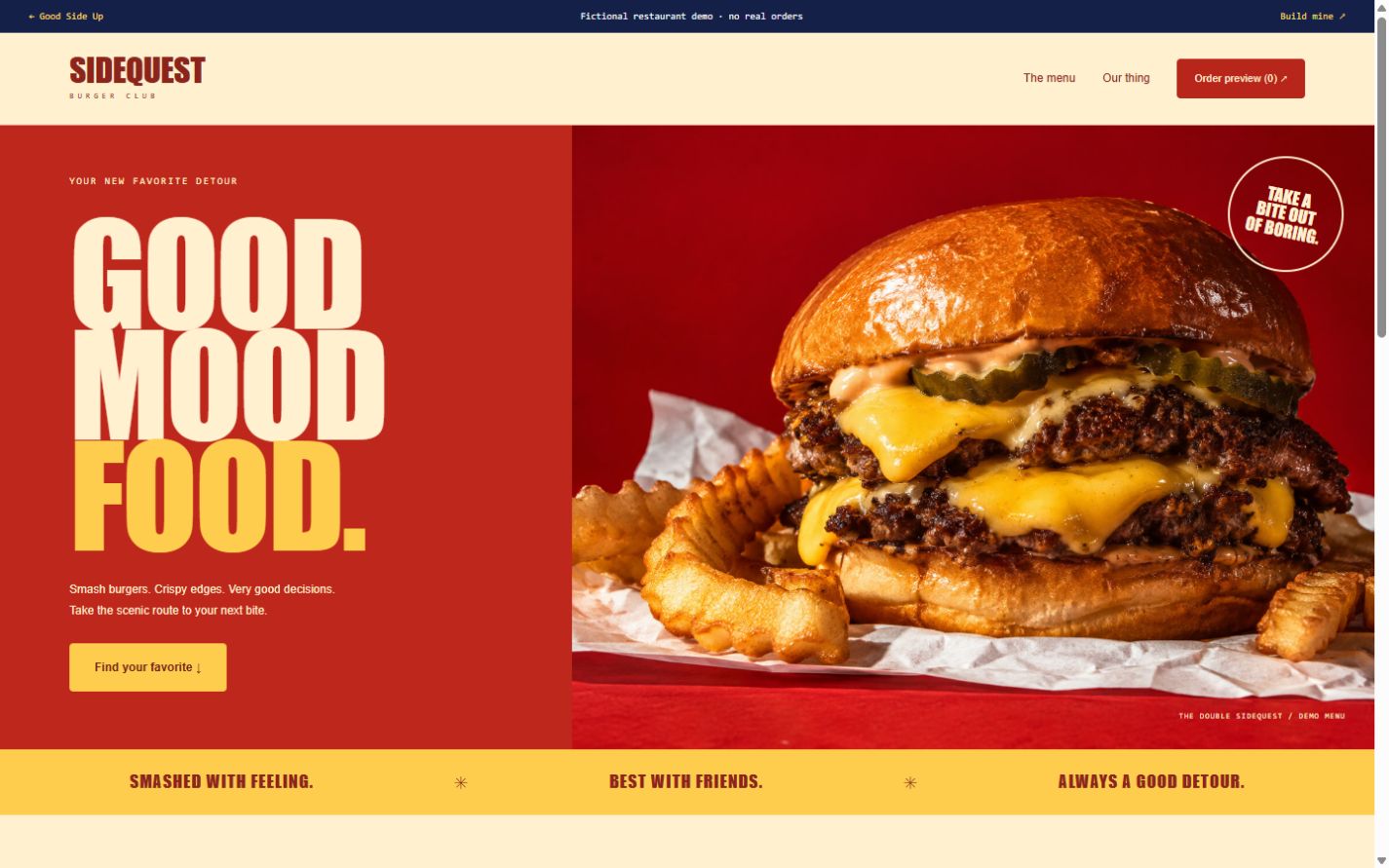 Sidequest restaurant concept with a burger menu and order preview